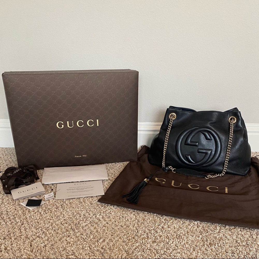 Authentic Black Leather Gucci Chain Soho Hobo Bag - Picture 1 of 15